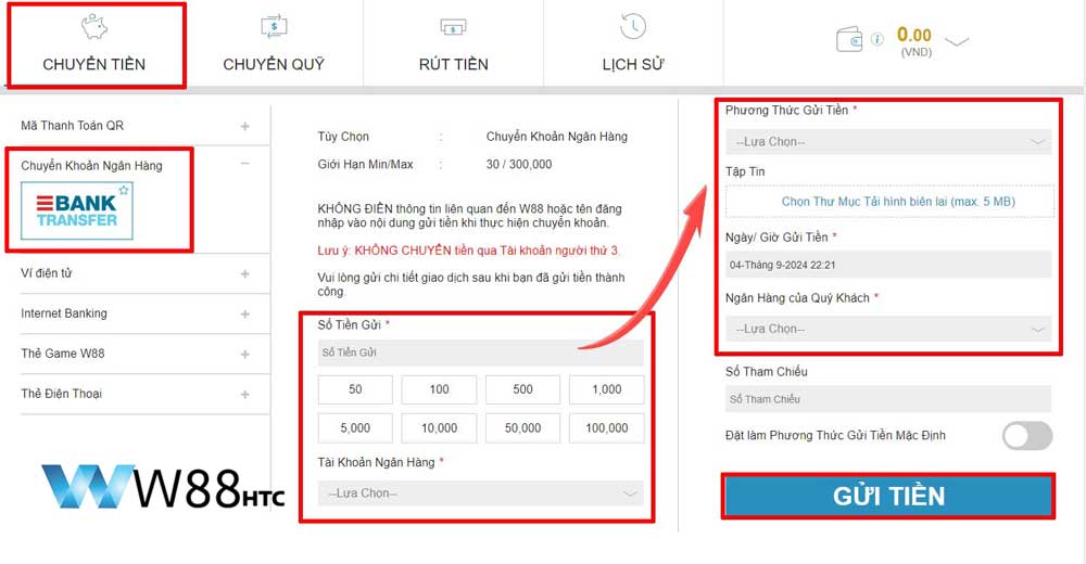 Cách dùng Ngân Hàng gửi tiền vô W88