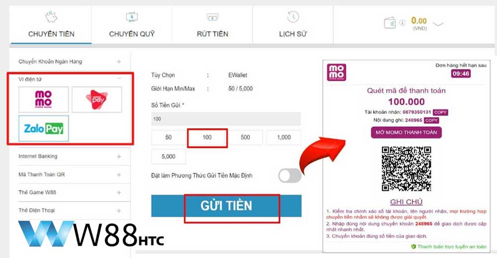 Cách sử dụng ví điện tử gửi tiền W88