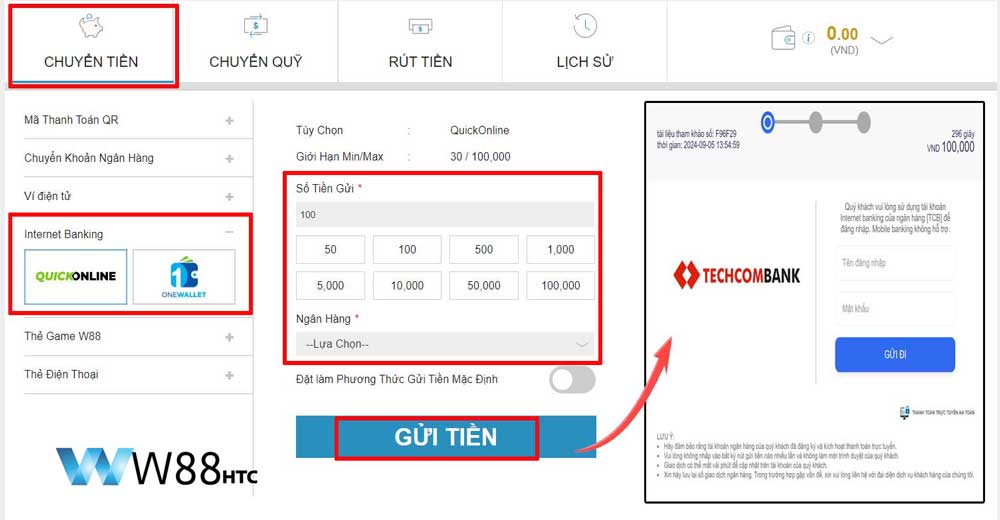 Dùng Internet Banking nạp tiền W88