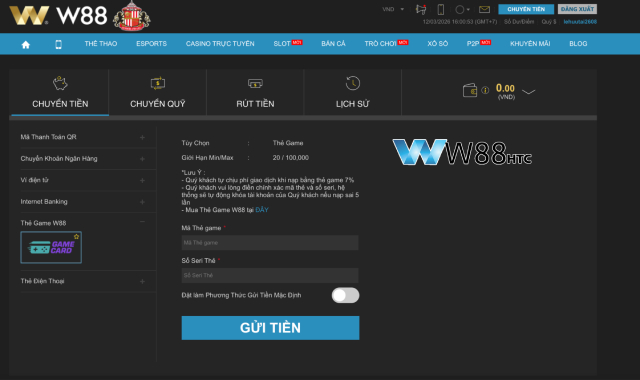 Cách nhập thẻ game để nạp tiền vào W88