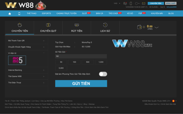 Cách thực hiện nạp tiền W88 bằng ví điện tử
