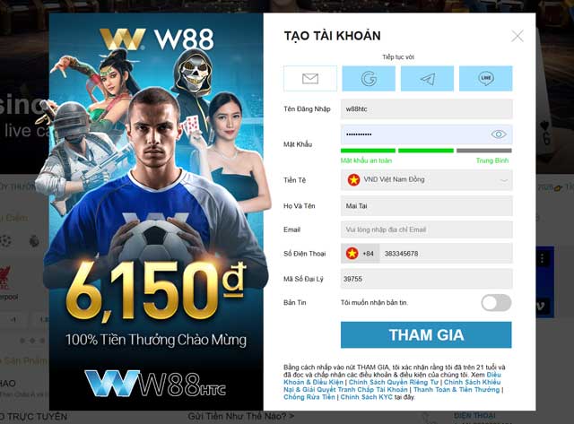 Cung cấp thông tin đăng ký W88