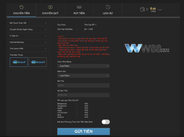 W88 nạp tiền qua thẻ điện thoại an toàn
